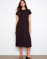 Black cotton midi dress featuring a comfortable crew neckline, perfect for casual outings by Charlie B.