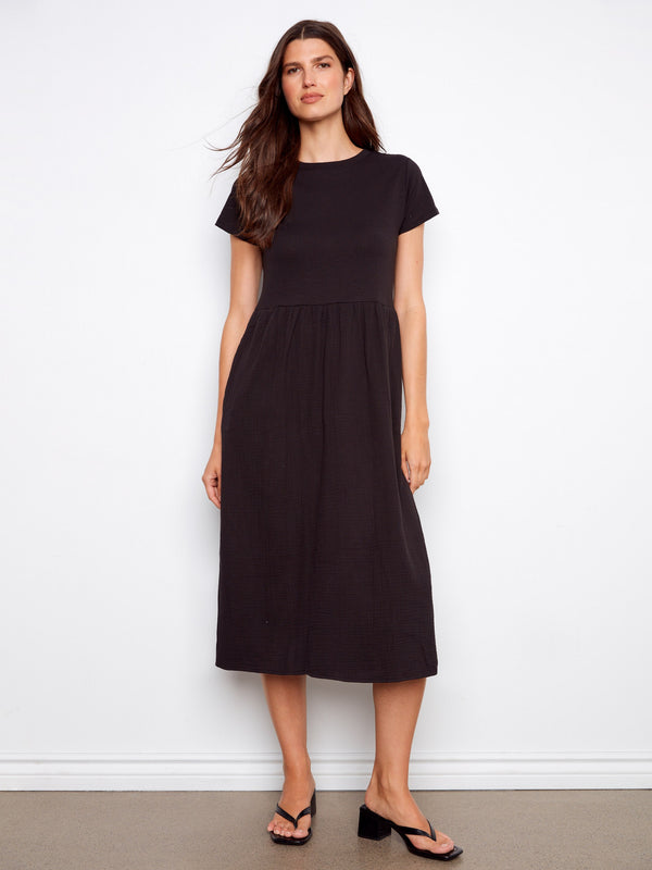 Cotton Short Sleeve Midi Dress - Black