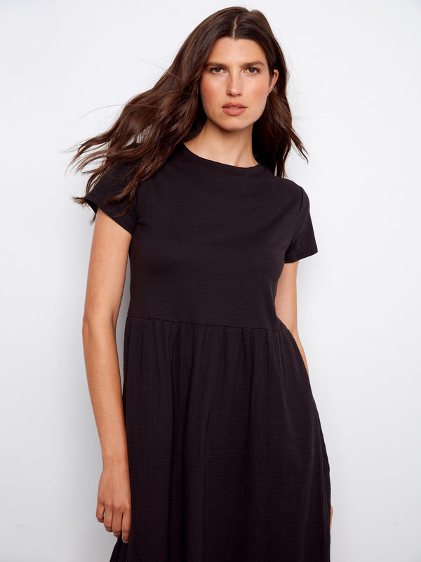 Cotton Short Sleeve Midi Dress - Black