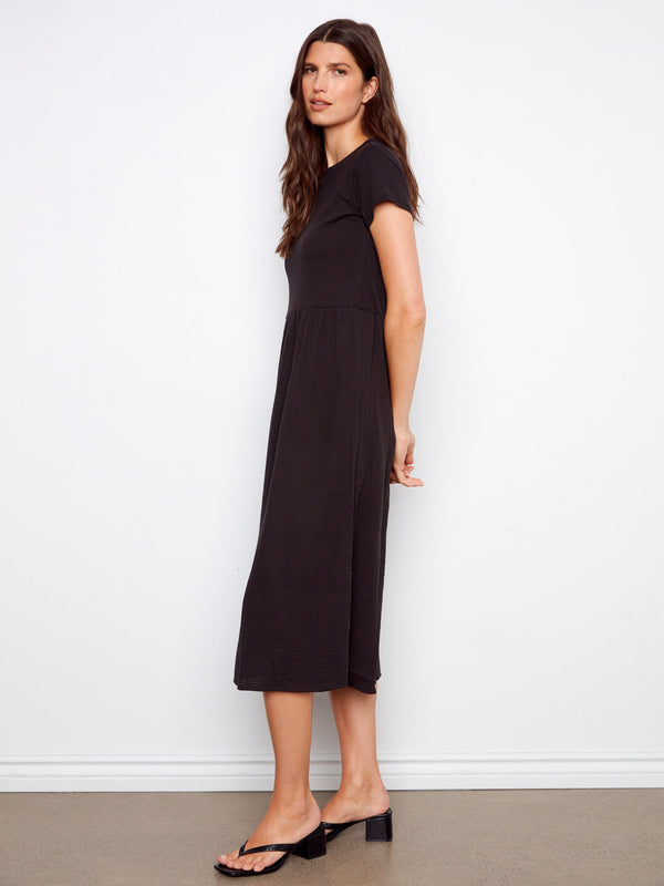 Cotton Short Sleeve Midi Dress - Black