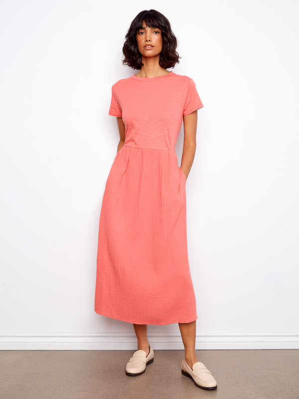 Cotton Short Sleeve Midi Dress - Sorbet
