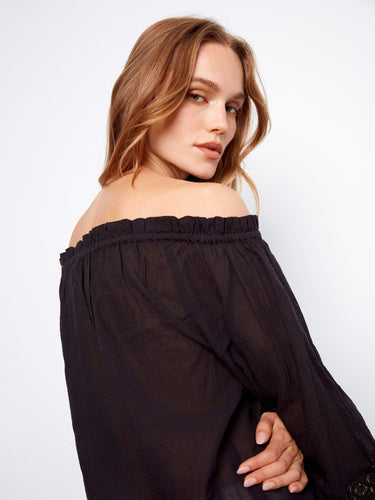Sophisticated off-the-shoulder design in a semi-sheer cotton fabric for versatile styling by Charlie B.