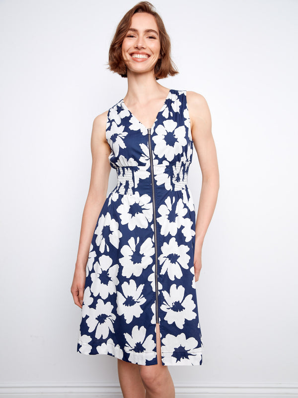 Cotton Voile Printed Front-Zip Dress - Dahlia