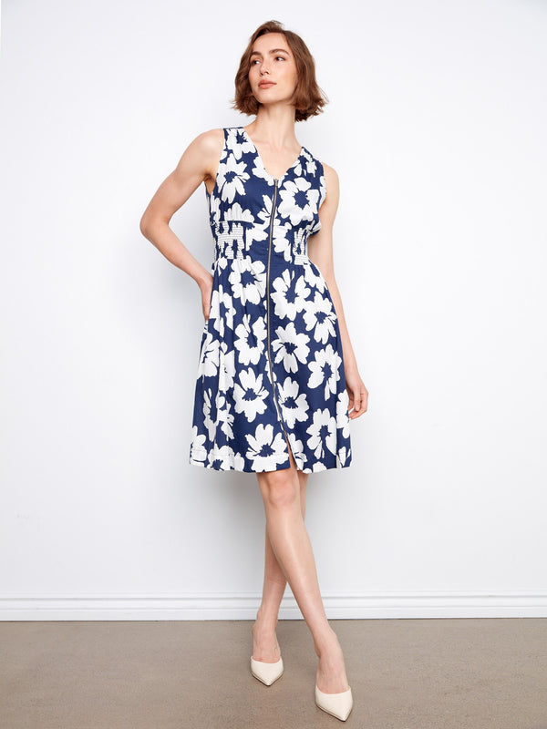 Cotton Voile Printed Front-Zip Dress - Dahlia