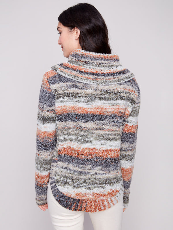 Round hem striped sweater with a comfortable cowl neck design, ideal for layering this fall by Charlie B.