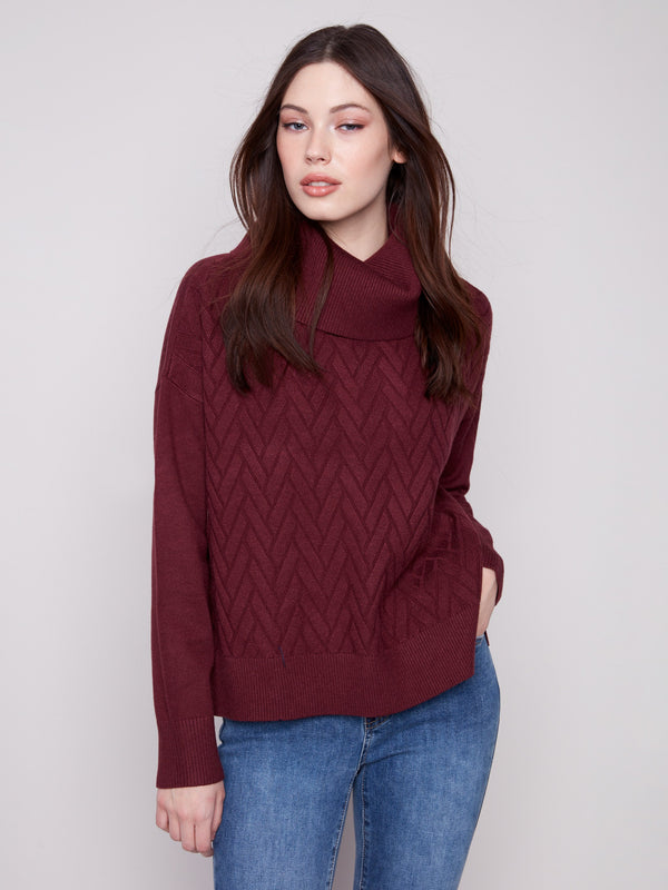 Cabernet sweater featuring a stylish cowl neck and ribbed cuffs, perfect for cozy elegance. By Charlie B.