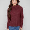 Cabernet sweater with a cozy cowl neckline and intricate cable knit design, offering a stylish look by Charlie B.