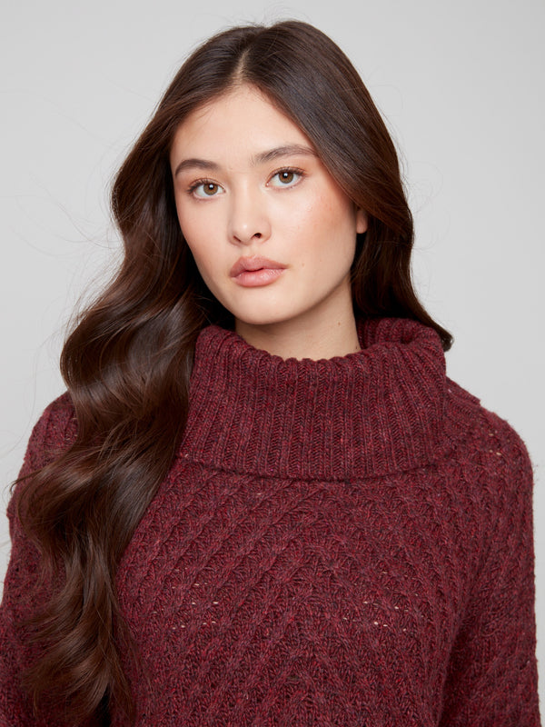 Stylish cabernet sweater showcasing ribbed cuffs and a sophisticated cowl neckline for added warmth by Charlie B.