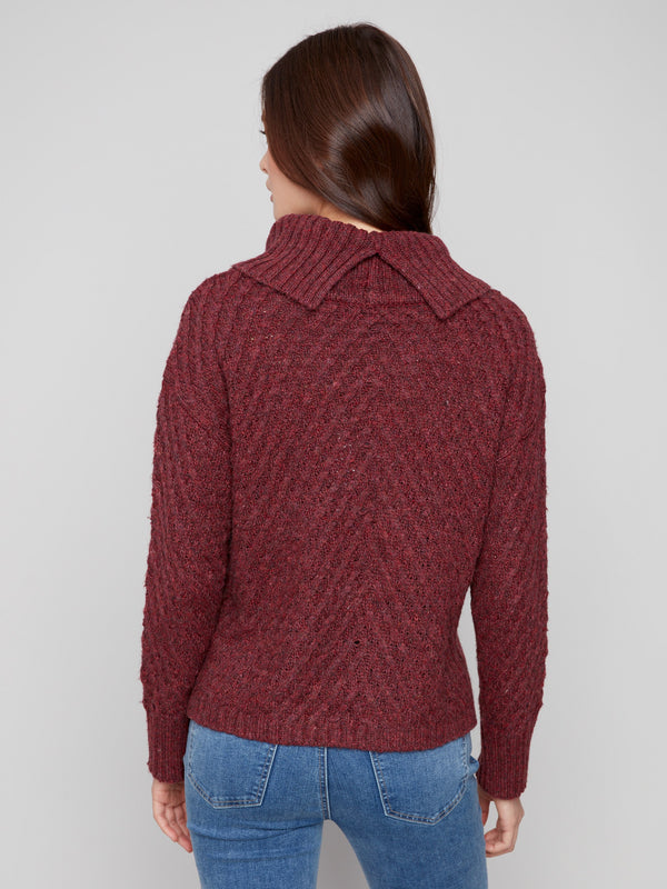 Classic cabernet-colored sweater in a relaxed fit with intricate diagonal patterns for an elegant touch by Charlie B.
