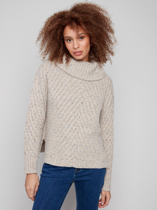 Elegant Heather Oat sweater with ribbed cuffs and a comfortable slit hem for added style by Charlie B.