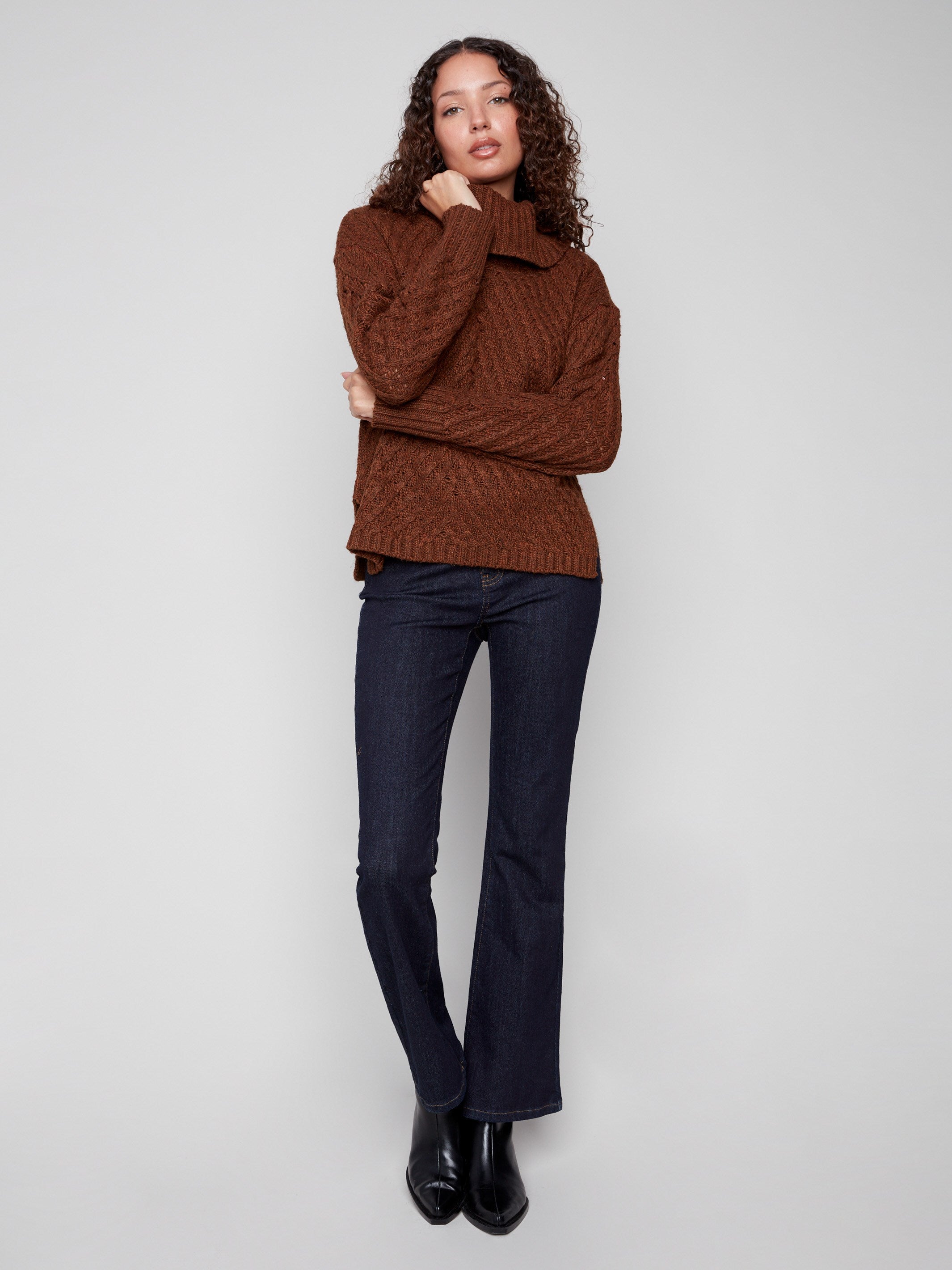 Stylish sepia sweater featuring a slit hem for added flair by Charlie B.