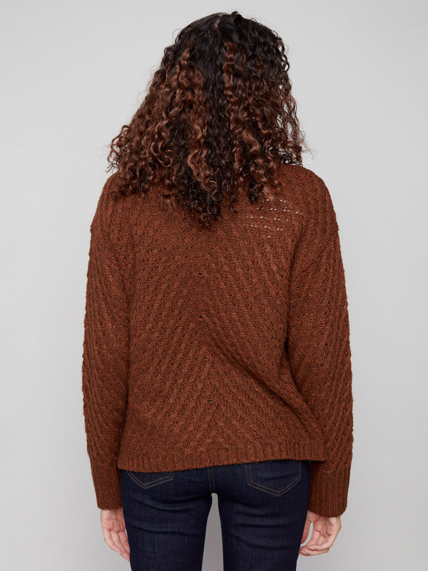 Cowl Neck Diagonal Cable Sweater - Sepia