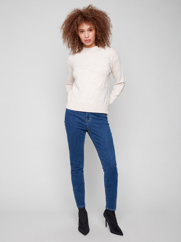 Stylish long-sleeve sweater in Heather Oat with intricate soutache flower patches adding a unique touch by Charlie B.