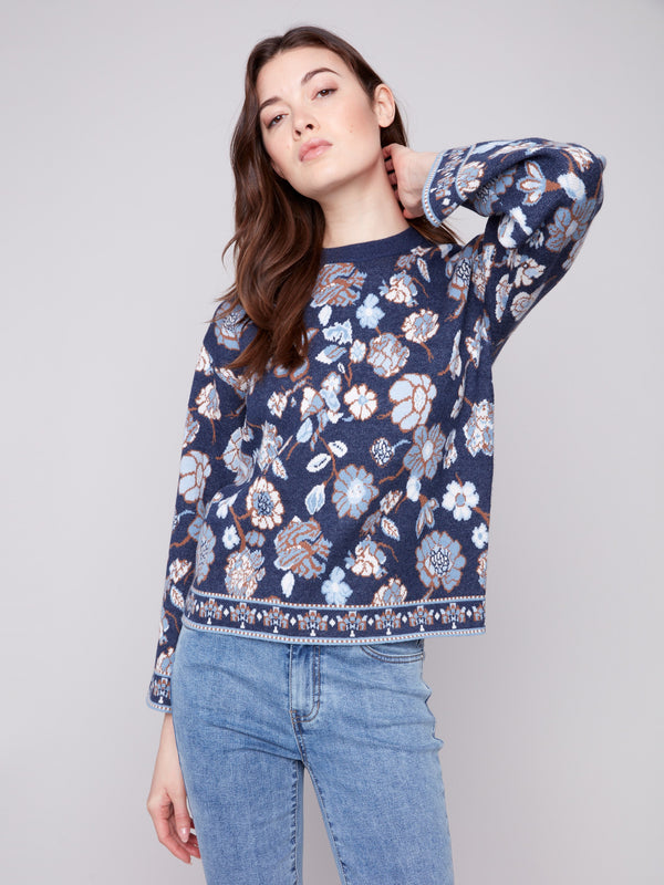 Floral jacquard navy sweater with crew neck design, perfect for casual elegance by Charlie B.