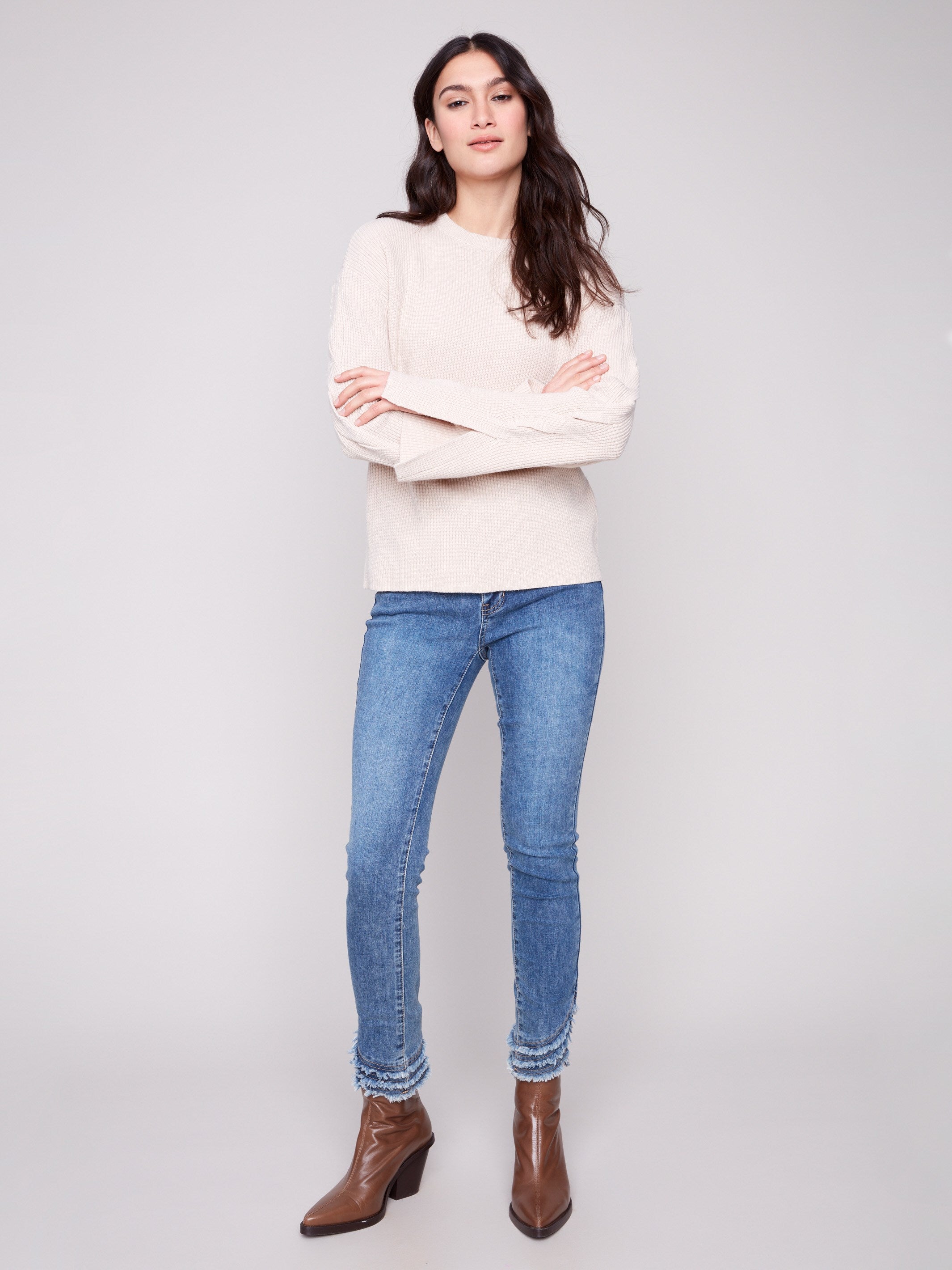 Chic heather oat sweater with cable sleeve accents by Charlie B.