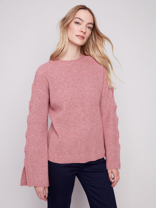 Crew Neck Sweater With Cable Sleeve Detail - Heather Primrose