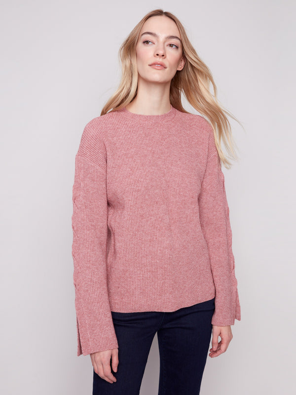 Crew Neck Sweater With Cable Sleeve Detail - Heather Primrose