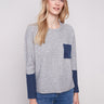 Heather grey sweater featuring a crew neck design with navy contrast details on the chest pocket by Charlie B.