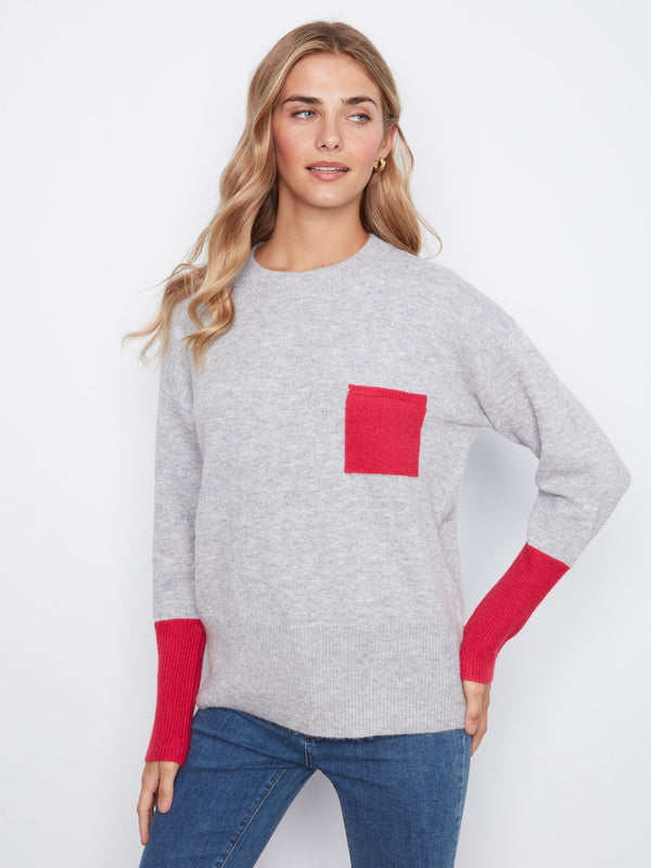 Crew Neck Sweater With Contrast Details - Heather Grey