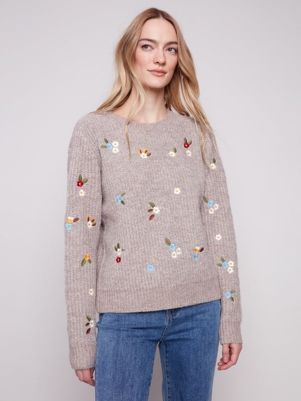 Fashionable heather brown sweater showcasing beautiful floral patterns, adding a touch of elegance to your wardrobe by Charlie B.