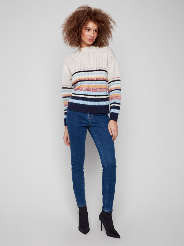 Crew Neck Sweater With Multicolor Stripes - Heather Oat
