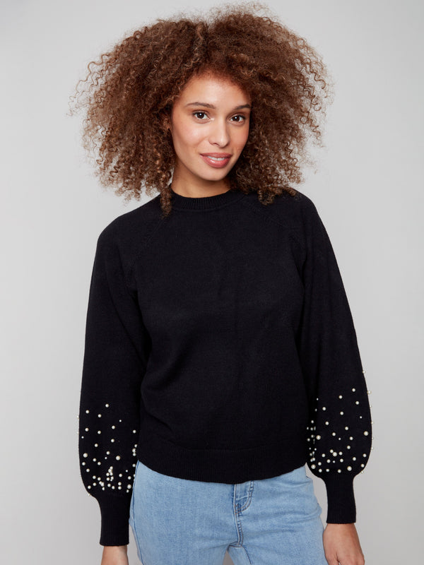 Crew Neck Sweater With Pearl Details - Black
