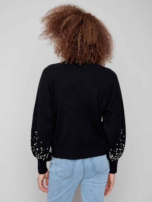 Crew Neck Sweater With Pearl Details - Black
