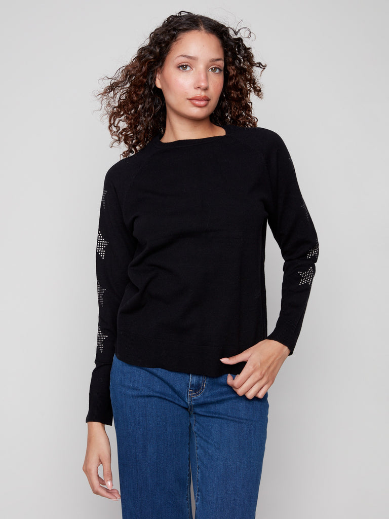 Crew Neck Sweater With Star Studs - Black