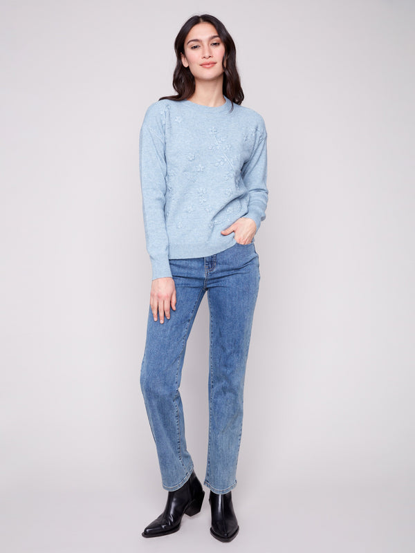 Soft heather oxford sweater adorned with delicate tonal floral embroidery, perfect for any occasion by Charlie B.