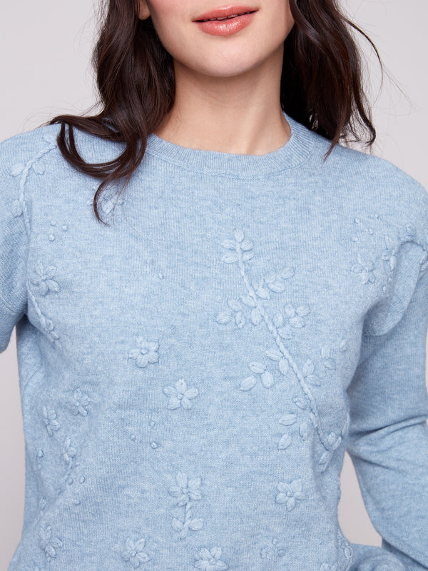 Chic heather oxford sweater featuring a cozy crew neck and intricate embroidery details for added elegance by Charlie B.