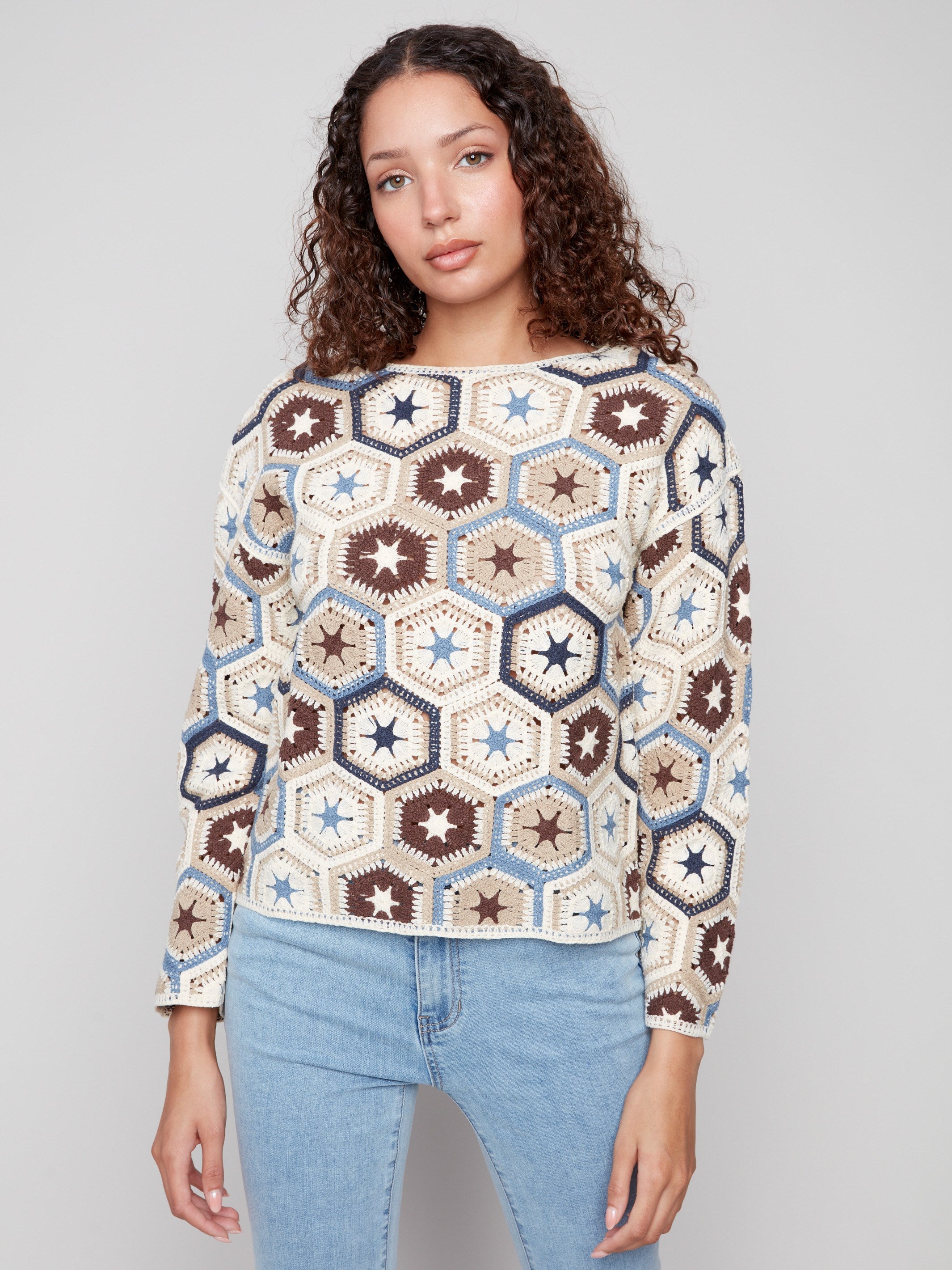 Crochet top with hexagonal pattern, crafted from a soft cotton blend fabric for comfort and style by Charlie B.