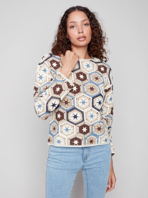 Chic long sleeve crochet top with an eye-catching hexagonal pattern design by Charlie B.