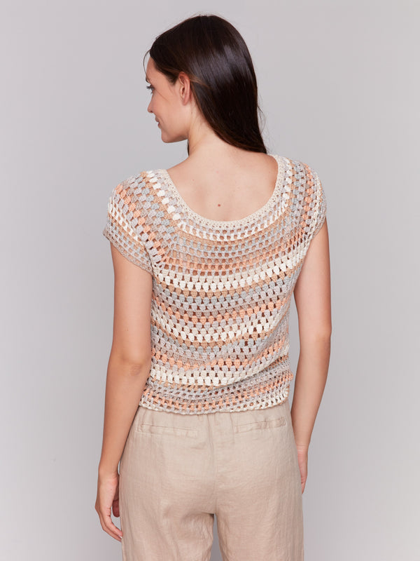 Chic multicolor stripe pattern on a crochet cap sleeve top by Charlie B.