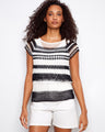 Black and white striped top with a stylish boat neckline, perfect for a casual yet chic look by Charlie B.
