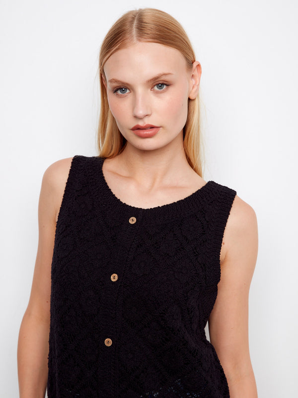 Crochet Cotton Sleeveless Vest - Black