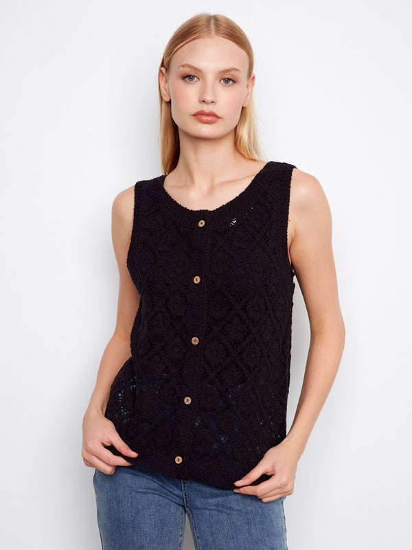 Crochet Cotton Sleeveless Vest - Black