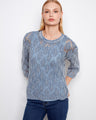 Blue haze crochet sweater featuring a cold dyed finish and abstract pattern, crafted from 100% cotton by Charlie B.