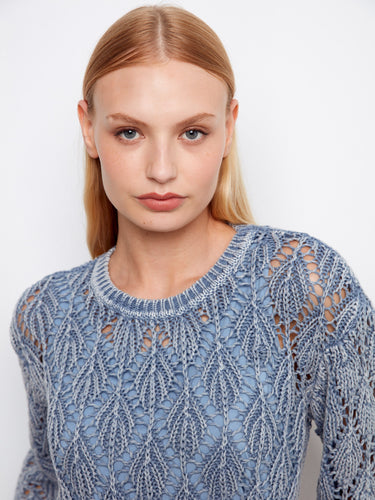 Beautifully designed crochet sweater in blue haze with three-quarter sleeves and relaxed fit by Charlie B.