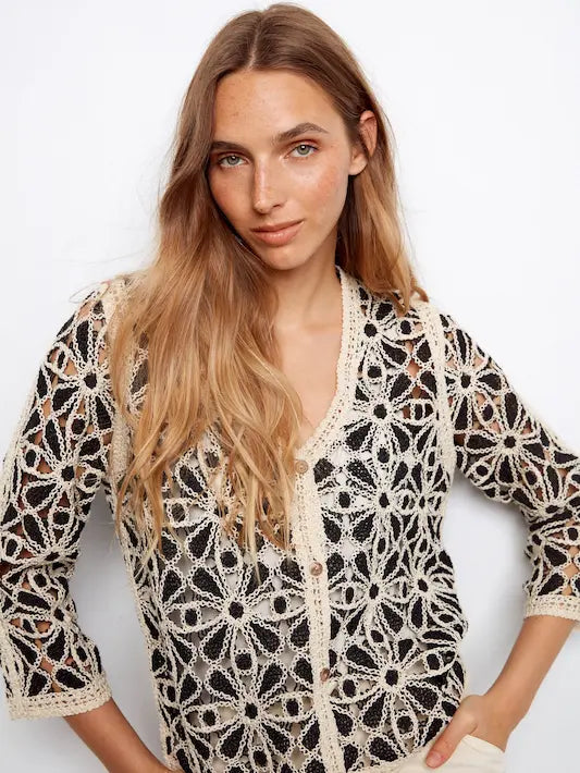 Crochet V-Neck Cardigan - Black