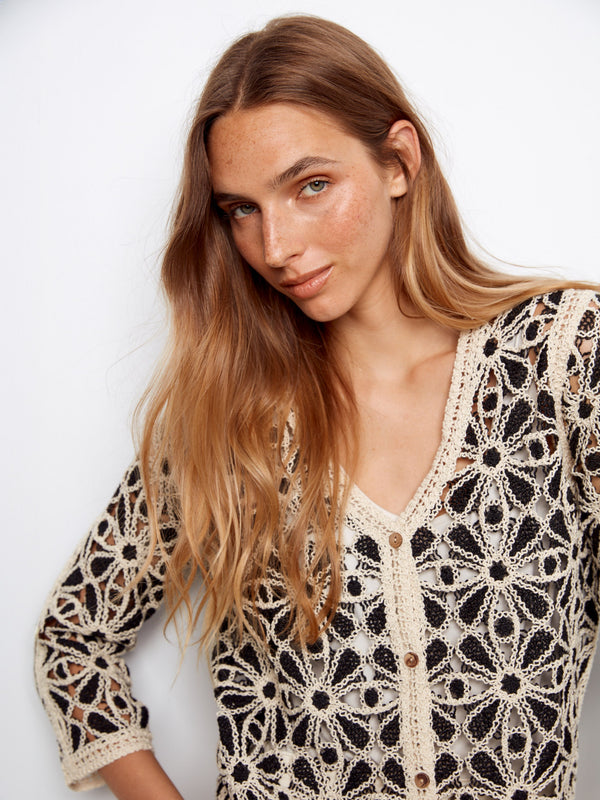 Cardigan en crochet à col en V - Noir