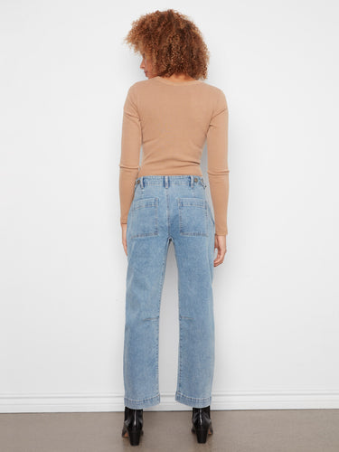 Ankle length blue denim jeans with patch pockets and barrel leg style, perfect for versatile styling by Charlie B.