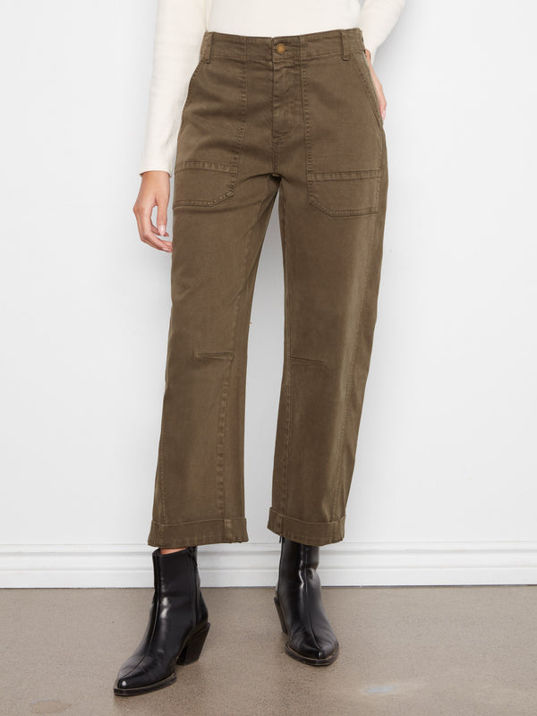 Cropped Barrel Leg Twill Pants - Olive