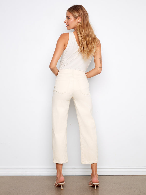 Cropped barrel jeans in natural color showcasing the trendy five-pocket style, ideal for versatile wear by Charlie B.