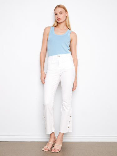 The five-pocket design of these white pants adds practicality to their elegant bootcut style by Charlie B.