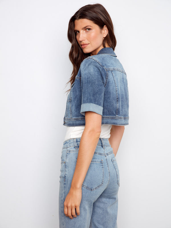 Elevate your wardrobe with this short-length denim jacket, complete with stylish front chest pockets by Charlie B.