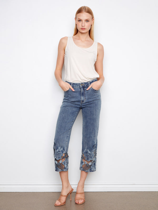 Cropped Embroidered Flare Jeans - Medium Blue