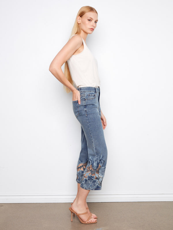 Cropped Embroidered Flare Jeans - Medium Blue