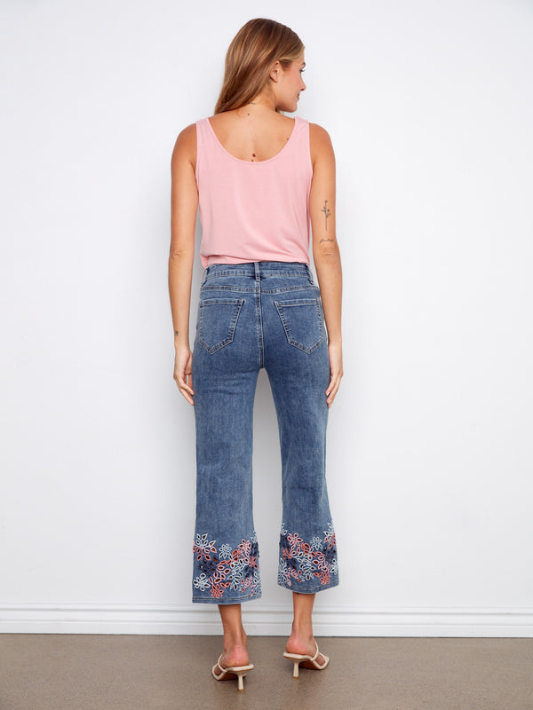 Cropped Flare Jeans With Eyelet Embroidery - Medium Blue