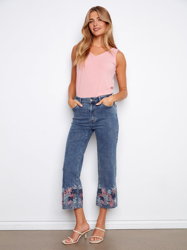 Cropped Flare Jeans With Eyelet Embroidery - Medium Blue