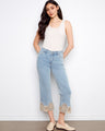Light blue cropped flare jeans with five pockets, offering a chic and practical style by Charlie B.